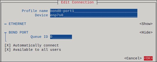 nmtui bond add port