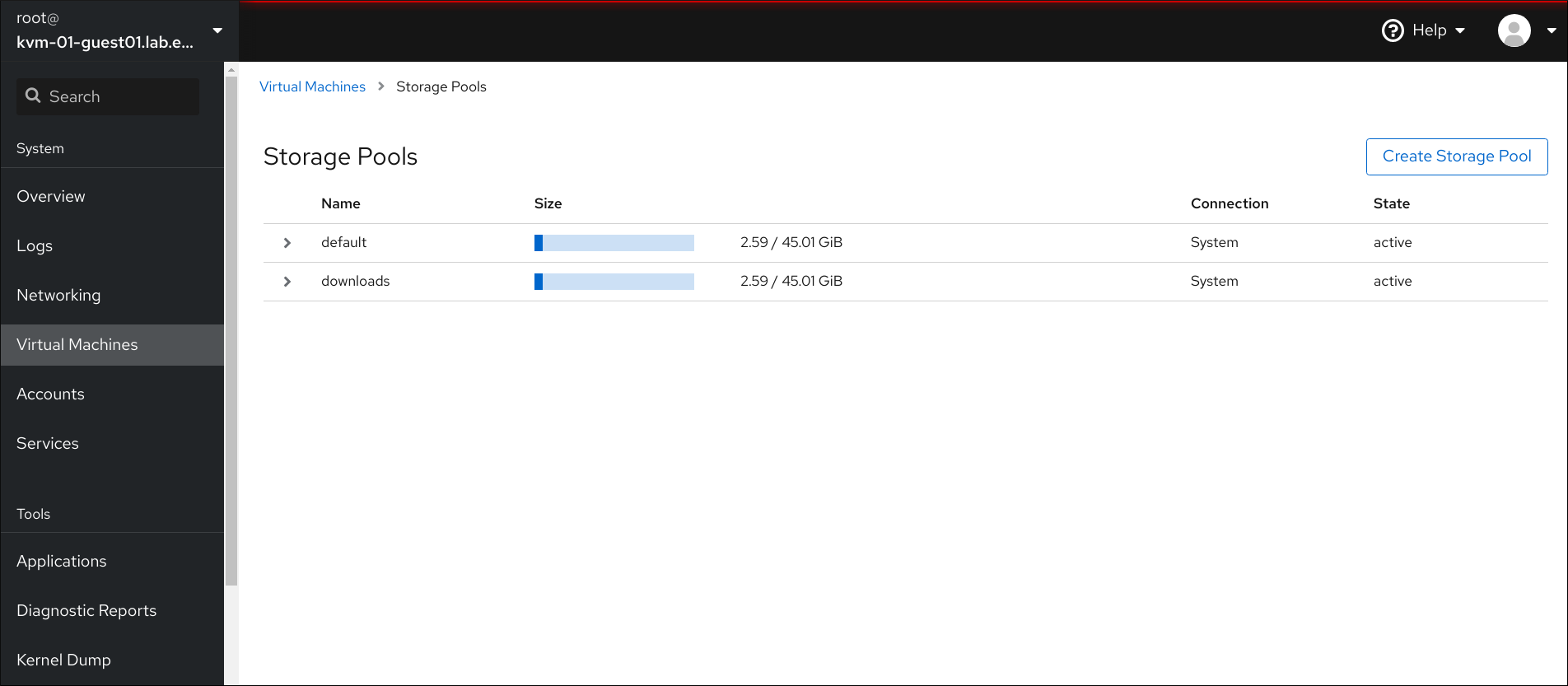 web console storage pools window