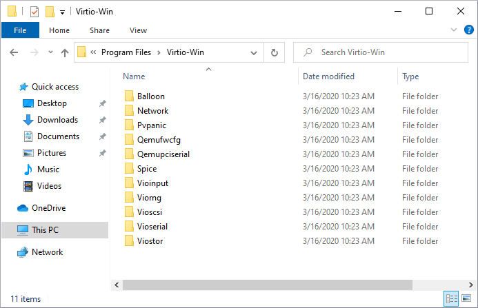 Windows ファイルエクスプローラーで Virtio-Win ディレクトリーを表示しているイメージ。