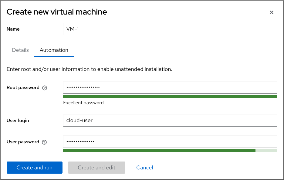 Create new virtual machine ダイアログボックス の Automation タブを示すイメージ