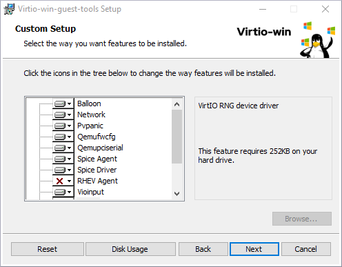 Virtio-win-guest-tools セットアップウィザードを表示しているイメージ。