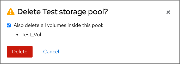 Delete Storage Pool(스토리지 풀 삭제) 기본 대화 상자를 표시하는 이미지.