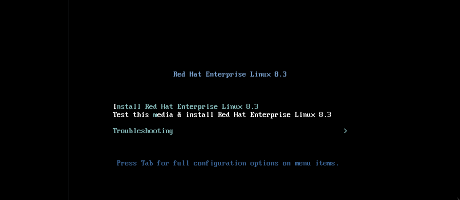 The ISOLINUX boot menu used on systems with BIOS firmware in its default configuration.