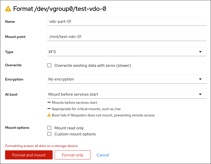 Format option in the VDO logical volume menu