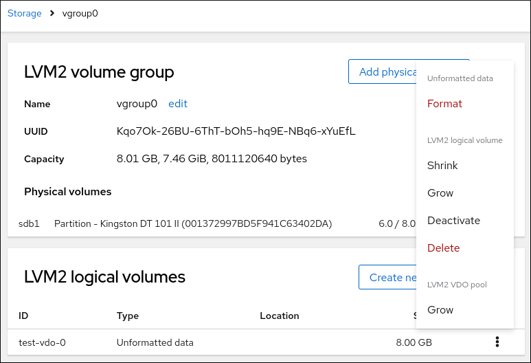 Format option in the VDO logical volume menu