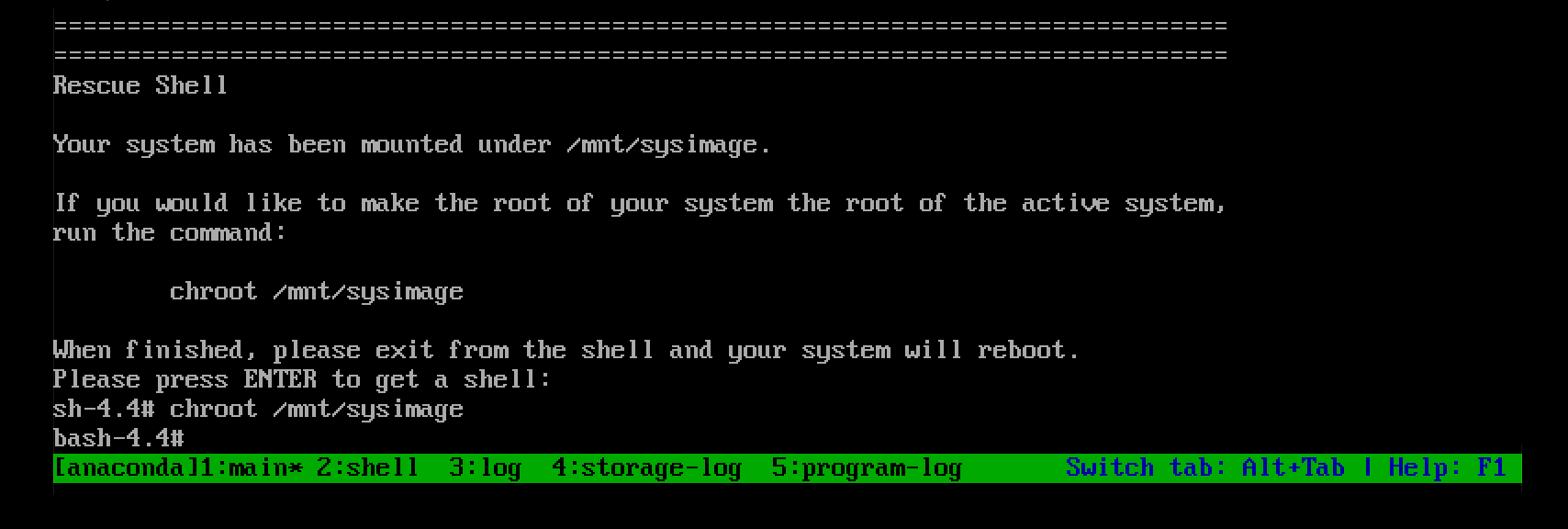 Screenshot of the Rescue session after using the chroot command to change the apparent root directory to /mnt/sysimage