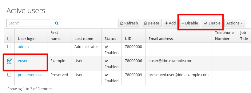 Screenshot of the "Active Users" page with a table displaying attributes for several users such as User login - First name - Last name - Status - UID - Email address - Telephone Number - Job Title. The entry for the "euser" account has been highlighted and so have the "Enable" and "Disable" buttons at the top right.