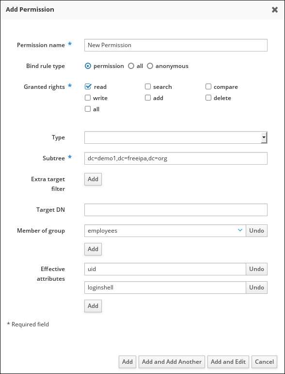 Form for adding a permission