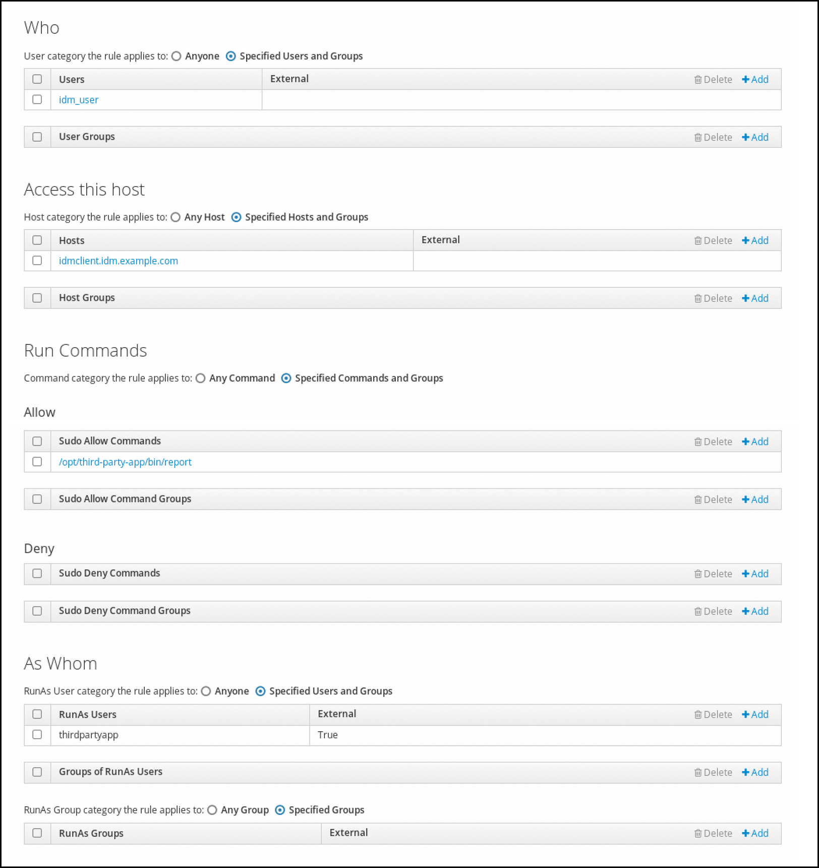 A screenshot of an overview of the sudo rule that was added. The "Who" section has an entry for "idm_user." The "Access this host" section has "idmclient.idm.example.com." The "Run Commands" section has the "/opt/third-party-app/bin/report" command. The "As Whom" section lists the "thirdpartyapp" account.