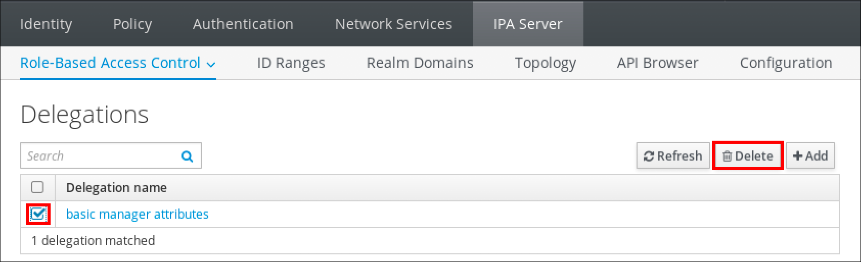 "IPA Server" タブの "Role-Based Access Control" サブメニューのスクリーンショット。委譲ページには委譲名の表と Basic manager attributes エントリーにチェックが入ったチェックボックスが表示されています。Delete ボタンが強調表示されています。
