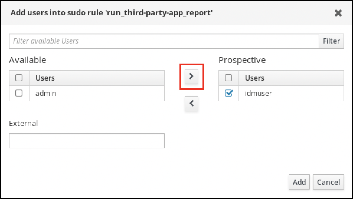 "Add users into sudo rule" というラベルが付いたポップアップウィンドウのスクリーンショット。 左側の Available リストからユーザーを選択し、これらを右側の Prospective 列に移動できます。ウィンドウの右下には、"Add" - "Cancel" の 2 つのボタンがあります。