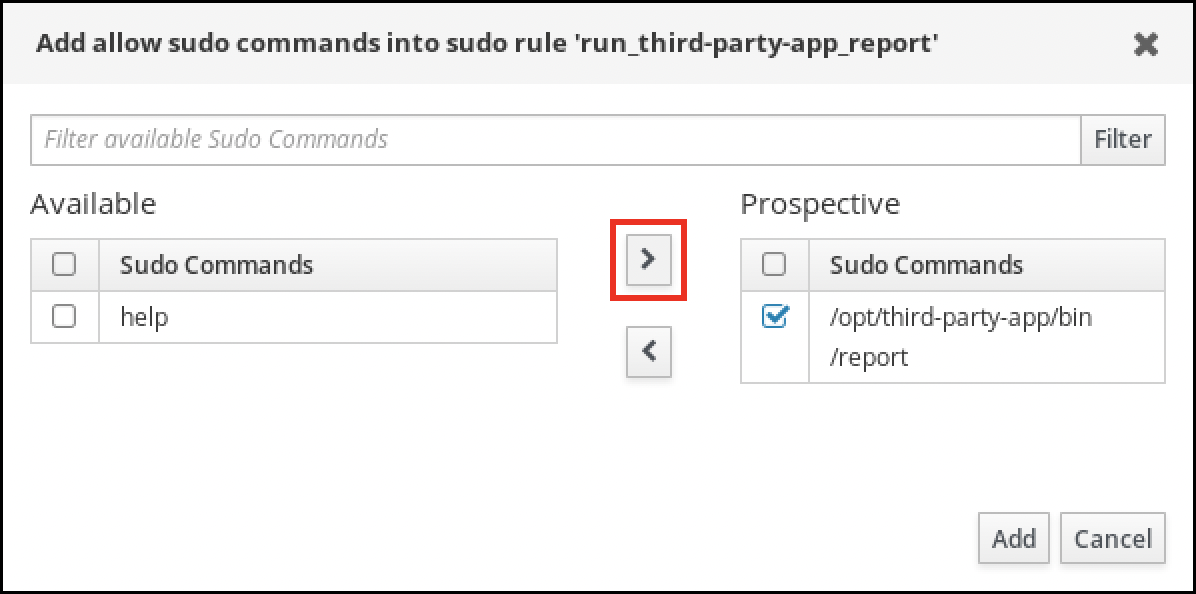 "Add allow sudo commands into sudo rule" というラベルが付いたポップアップウィンドウのスクリーンショット。左側の Available リストから sudo コマンドを選択し、これらを右側の Prospective 列に移動できます。ウィンドウの右下には、"Add" - "Cancel" の 2 つのボタンがあります。