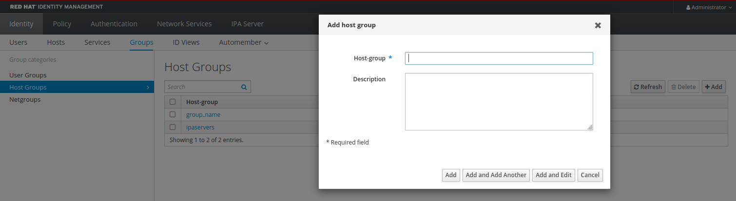 A screenshot of the "Add host group" pop-up window displaying a "Host-group" field (required) and a Description field. At the bottom there are four buttons: "Add" - "Add and Add Another" - "Add and Edit" - "Cancel."