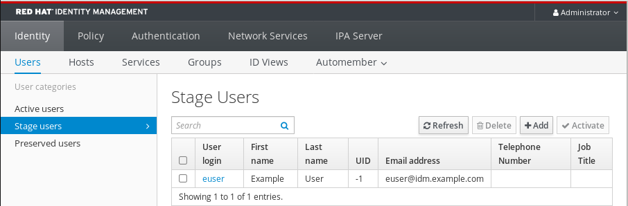 Screenshot of the IdM Web UI showing user entries in the Stage Users table. This is selected from the Identity tab - the Users sub-tab - and the Stage users category listed on the left.
