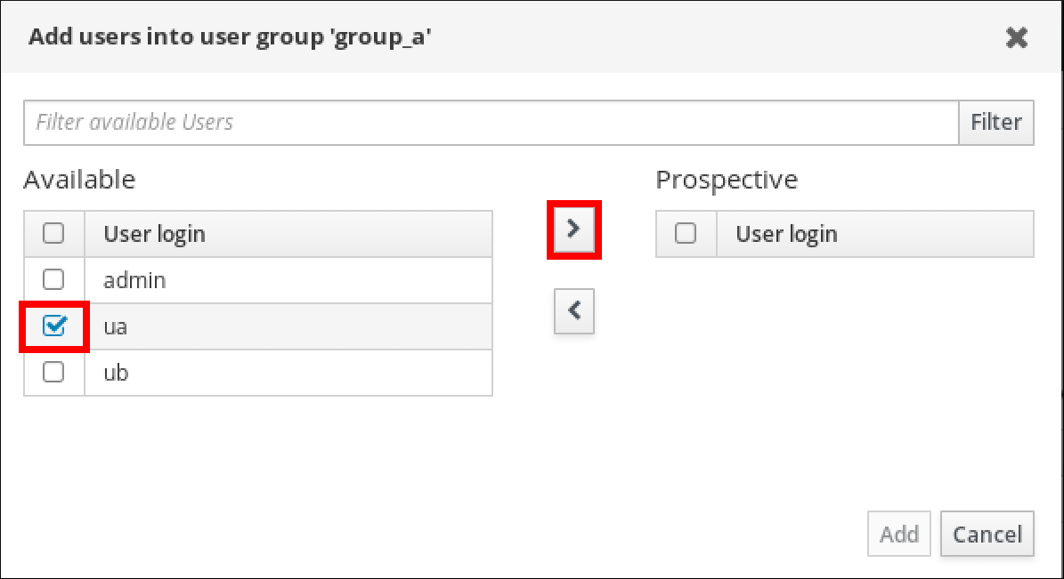 ユーザーグループ group_a へのユーザーの追加ポップアップウィンドウ。このウィンドウの左側に利用可能なユーザーログインの欄がありチェックできるようになっています。右側に右矢印があり、Prospective リストにユーザーを追加できます。