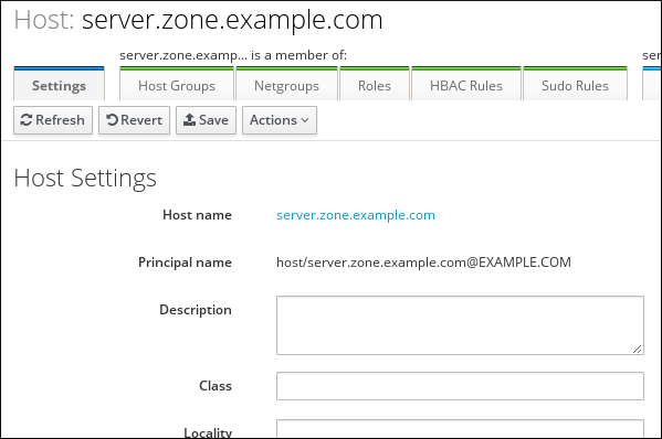 Host name - Principal name - Description - Class - Locality와 같은 호스트 server.zone.example.com에 대한 호스트 설정을 표시하는 Expanded Entry 페이지의 스크린샷