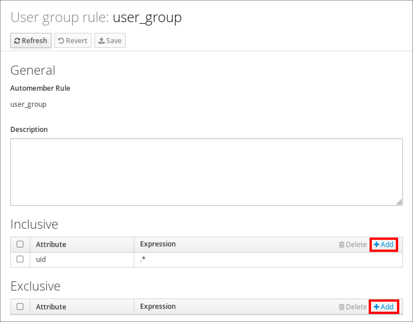 User group 规则页面的屏幕截图，其中显示了 user_group 规则的属性。"Inclusive"部分有一个带有"Attribute"列的表，以及带有 Attribute "uid" 条目的"Expression"列，其表达式为 ".*"。底部是 Exclusive 部分，它也有一个带有 Attribute 列和 Expression 列的表，但它没有条目。