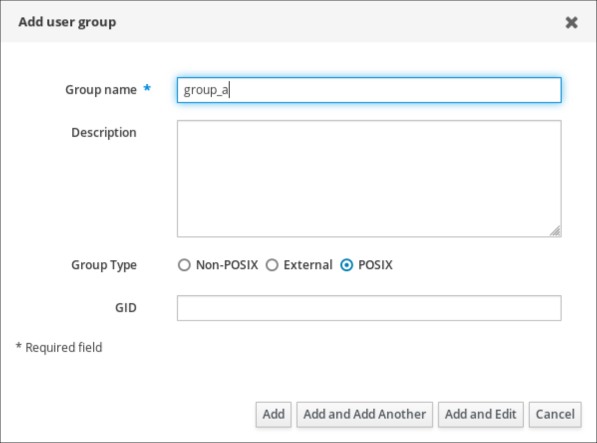 "Add user group"弹出窗口的屏幕截图，包含以下字段：Group name（为必填字段） - Description - Group Type - GID."Add"按钮位于底部。