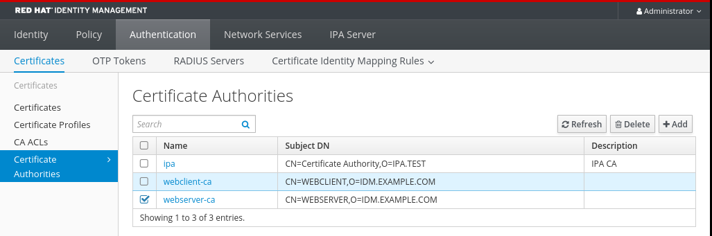 Screenshot of the "Certificate Authorities" screen where you can add and delete certificate authorities and subordinate certificate authorities.