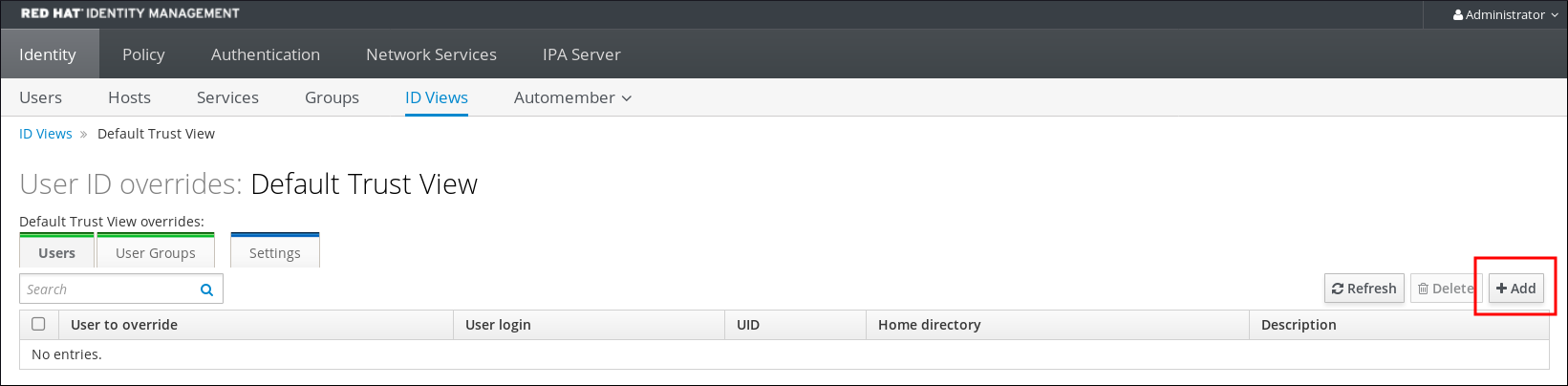 Screenshot of the IdM Web UI displaying the "ID Views" page from the Identity tab. The Add button on the right is highlighted.