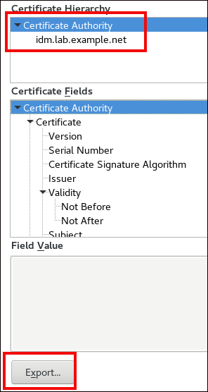 idm.lab.example.net 認証局の情報を表示するスクリーンショット。"Certificate Fields" のデプロイメントツリーで "Certificate Authority" が強調表示されています。下部の "Export…​" ボタンも強調表示されています。