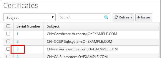 IdM Web UI 的"证书"页面截图，其中显示了证书表。证书按其串行号及其主题组织。表中的第三证书将突出显示 Serial Number "3"。