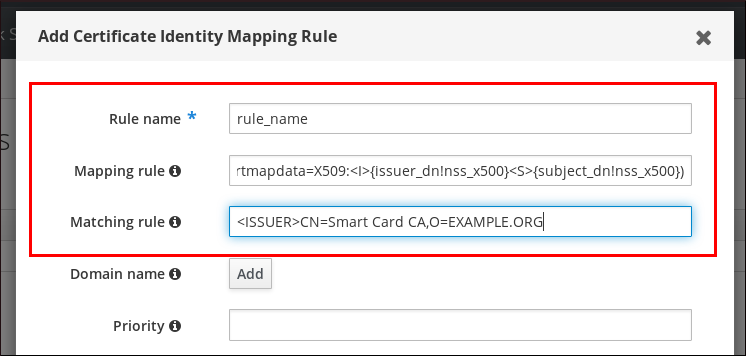 "添加证书身份映射规则"弹出窗口的截图并填写以下字段：规则名称（必需）- 映射规则 - 匹配规则。Priority 字段为空，域名标签旁边还有一个 Add 按钮。