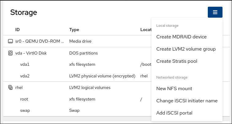 Image displaying the drop-down menu available in the Storage table.