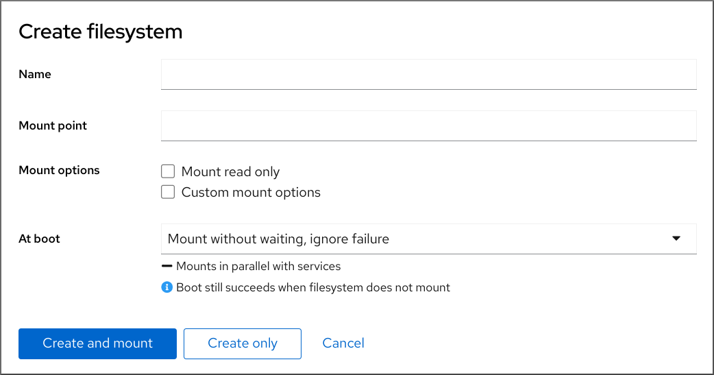 Image displaying the create Stratis file system dialog box.