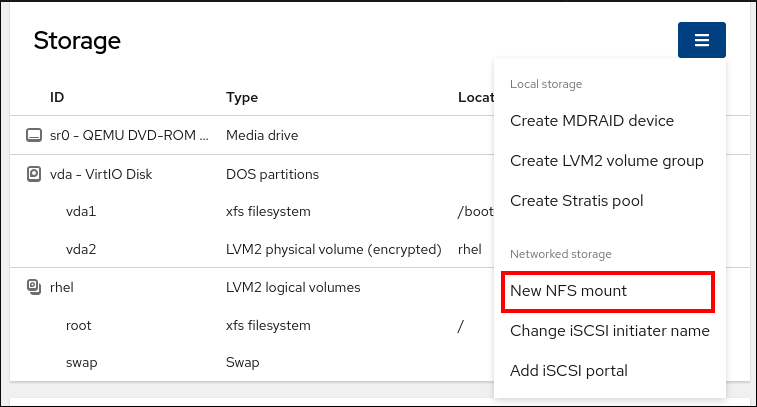 Image displaying the available options in the Storage table drop-down menu. The New NFS mount options is highlighted.