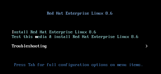 RHEL Anaconda Installer screen with the Troubleshooting option selected