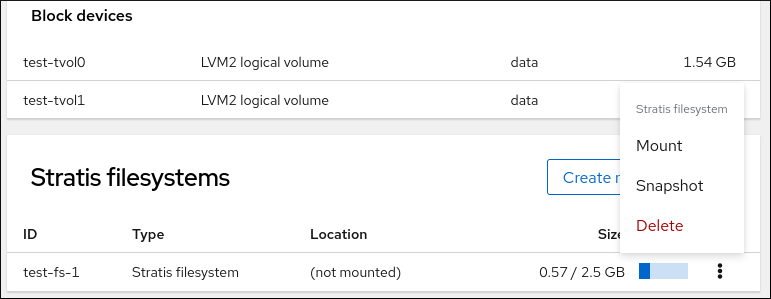 Image displaying the drop-down menu of a stratis file system.