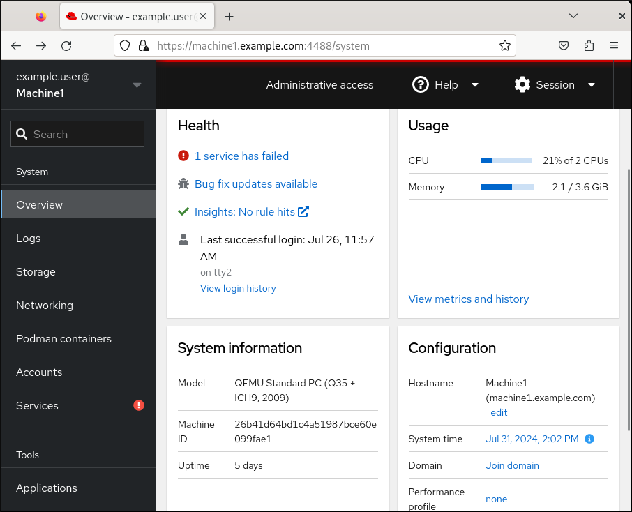 The RHEL web console (Overview page) in the Firefox browser