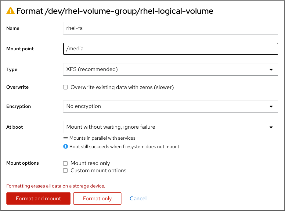The format a logical volume dialog box with configurable fields.