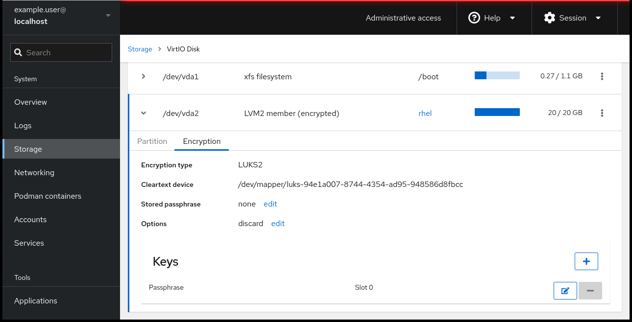 RHEL 웹 콘솔: Encryption