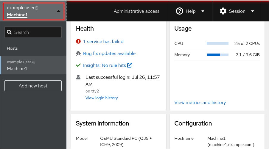 username@hostname drop-down menu