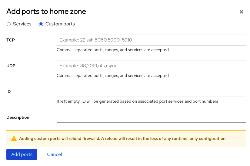 RHEL web console: Add ports