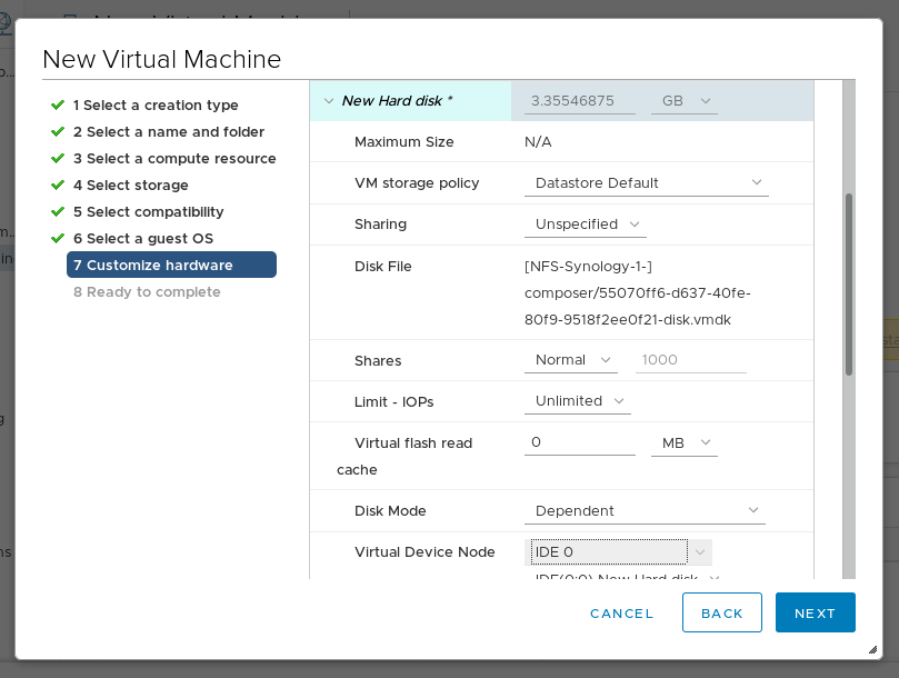 composer vmware existing ide