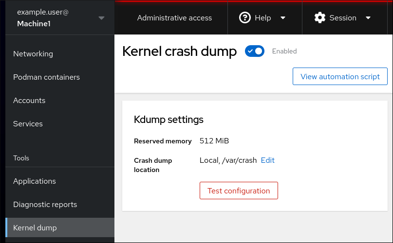 Web コンソールの Kdump ページ