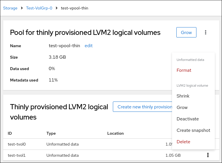 Image displaying the drop-down menu for a logical volume.