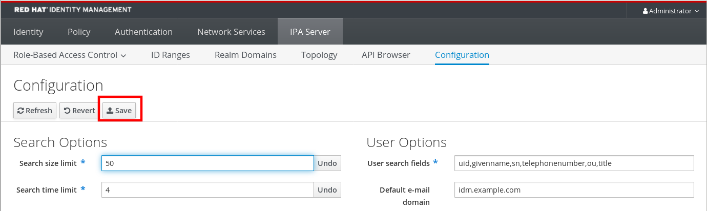 Screenshot of the IdM Web UI highlighting the Save button which is below the "Configuration" title at the top of the Configuration page