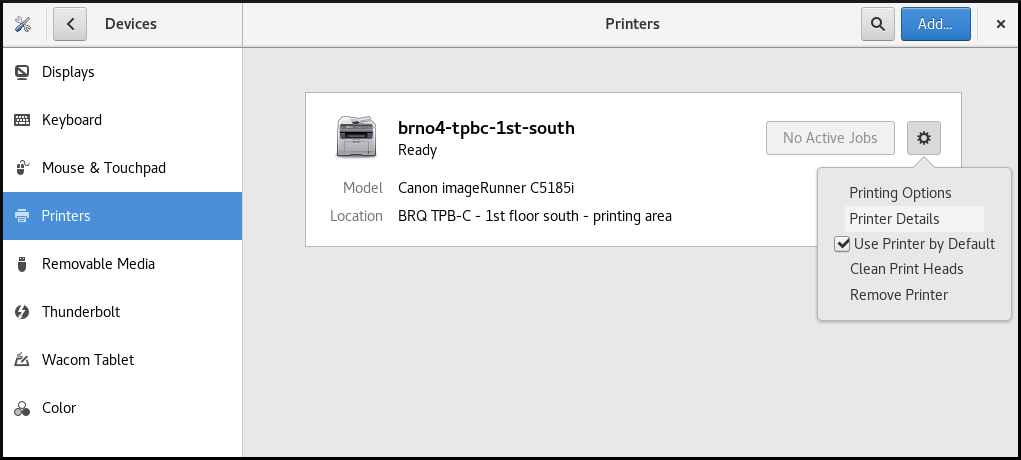 gnome control center printer details