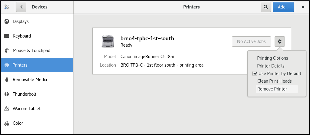 gnome control center remove printer