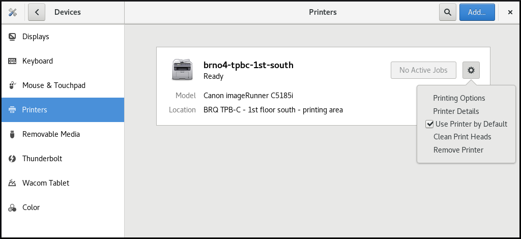 gnome control center default printer