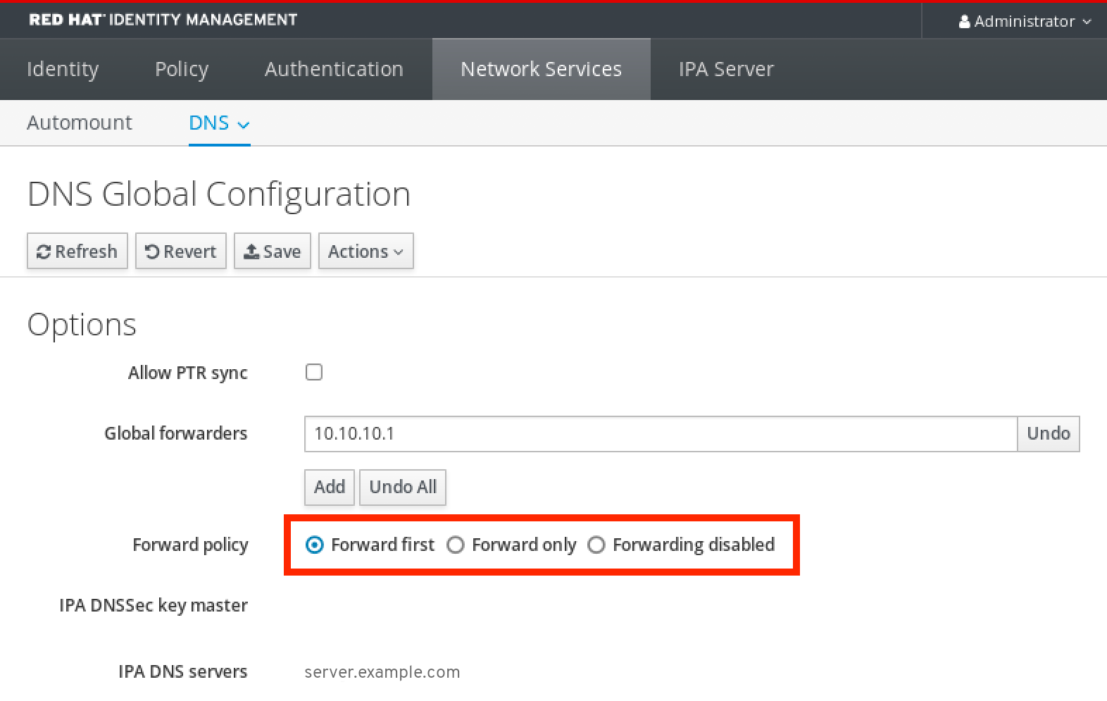 DNS forward ポリシーの選択および DNS グローバル設定の保存