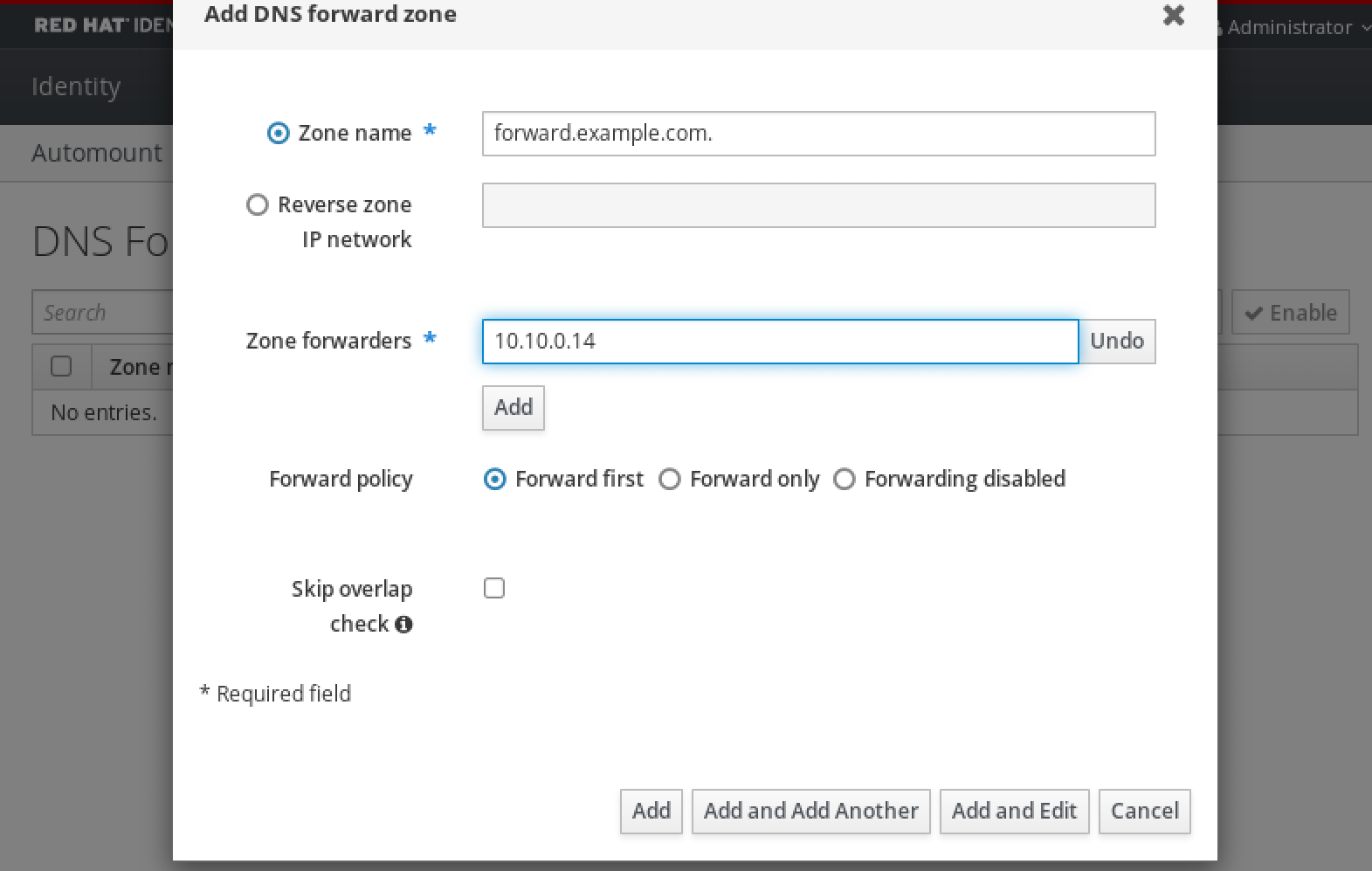 フォワーダー DNS サーバーの IP アドレスの指定