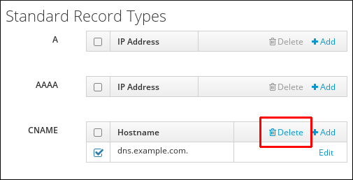 "A"AAAA" 및 "CNAME" 레코드에 대한 항목을 표시하는 "Replicas 레코드 유형" 페이지의 스크린샷입니다. dns.example.com 항목의 CNAME 테이블에 있는 확인란이 확인되었으며 CNAME 항목과 관련된 "Delete" 버튼이 강조 표시됩니다.