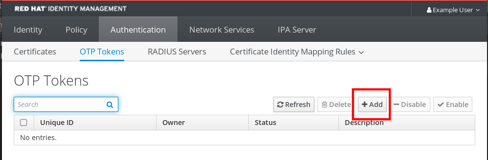 Screenshot of the IdM Web UI highlighting the Add button near the upper-right of the OTP Tokens page which is a sub-page of the Authentication section
