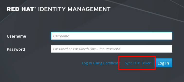 Capture d'écran de la page de connexion de l'interface Web de l'IdM. Les champs "Nom d'utilisateur" et "Mot de passe" sont vides. Un lien vers "Sync OTP Token" en bas à droite à côté du bouton "Log In" est mis en évidence.
