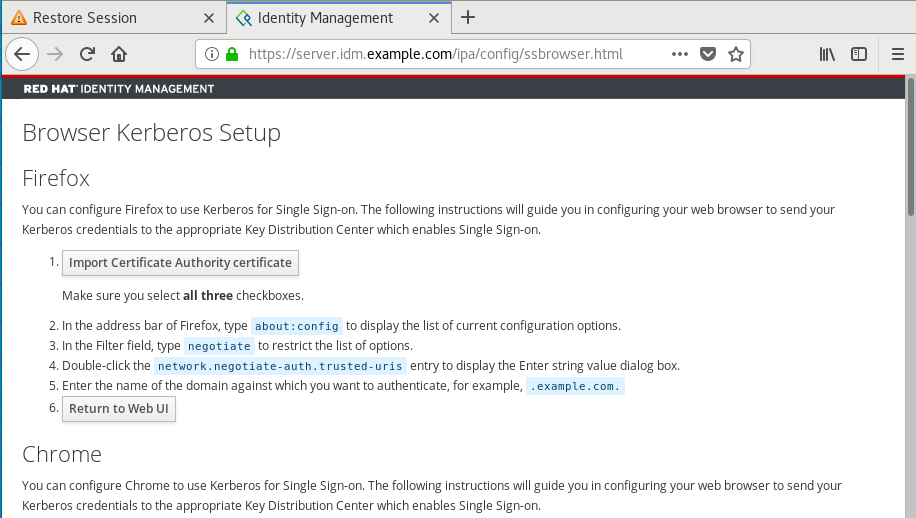 Capture d'écran d'un navigateur web avec des instructions pour "Browser Kerberos Setup."